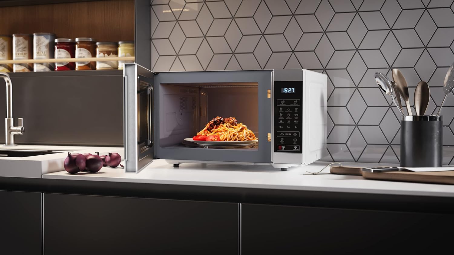 SHARP MS51ES Mikrowelle (Mikrowelle: 900W, 11 Leistungsstufen, Auftaufunktion, Abmessungen: 513x306x394cm), silber