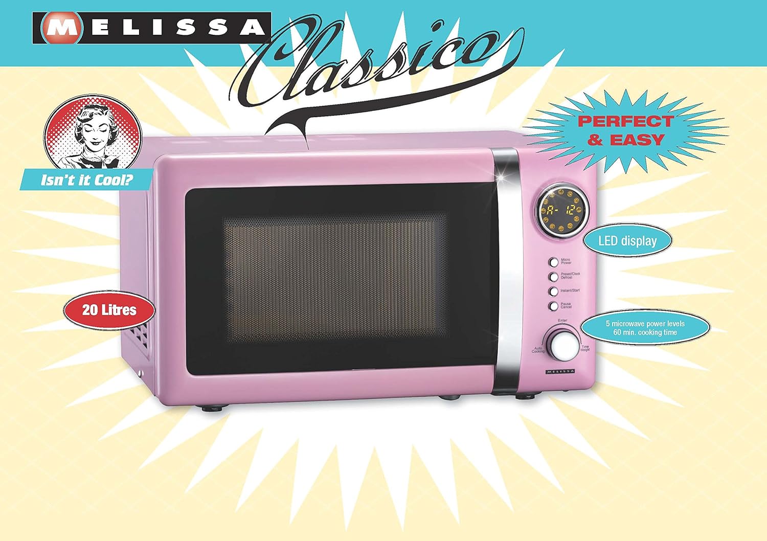 Melissa 16330109 Classico Mikrowelle Mikrowellenofen Retro-Design Metall-Gehäuse, 20 Liter Garraum, 700 Watt Mikrowellenleistung, Timer, 5 Leistungsstufen, Rot Metallic