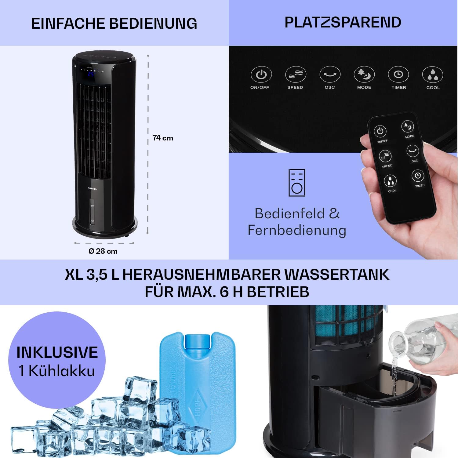 Klarstein Luftkühler mit Wasserkühlung, 4-in-1 Raumkühler, Luftbefeuchter, Ventilator & Nachtmodus, Mobile Klimageräte Luftkühler mit 3,5L Tank & Timer, 60W Air Cooler mit 486 m³/h Luftstrom