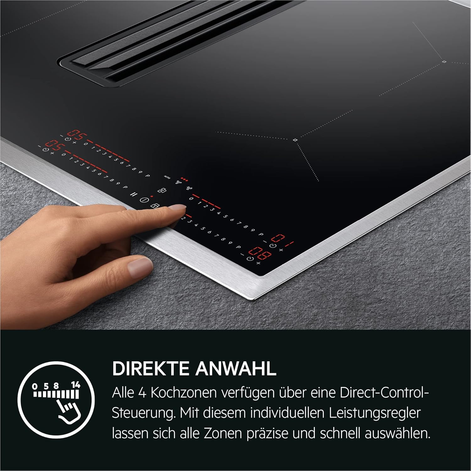 AEG IKE84441XB Autarkes Kochfeld / Herdplatte mit Touchscreen, Topferkennung & Hob²Hood-Funktion / Induktionskochplatte / 4 Kochzonen / Edelstahlrahmen / 80 cm Schwarz