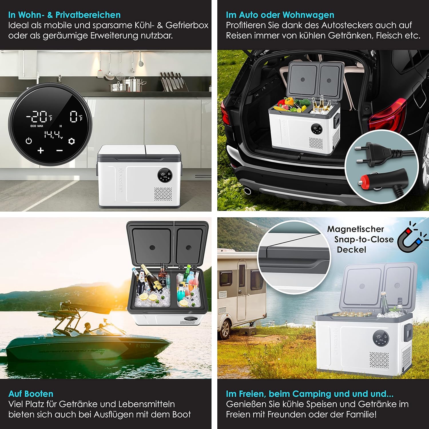 KESSER® Kompressor Kühlbox 2in1 Doppelzone Kühl & Gefrierfach elektrische Gefrierbox mit 2x Kühlakkus & LED-Touch-Bedienung | Kühlschrank Kühlung bis -20 °C für Camping, Auto, Lkw 12/24V 230V