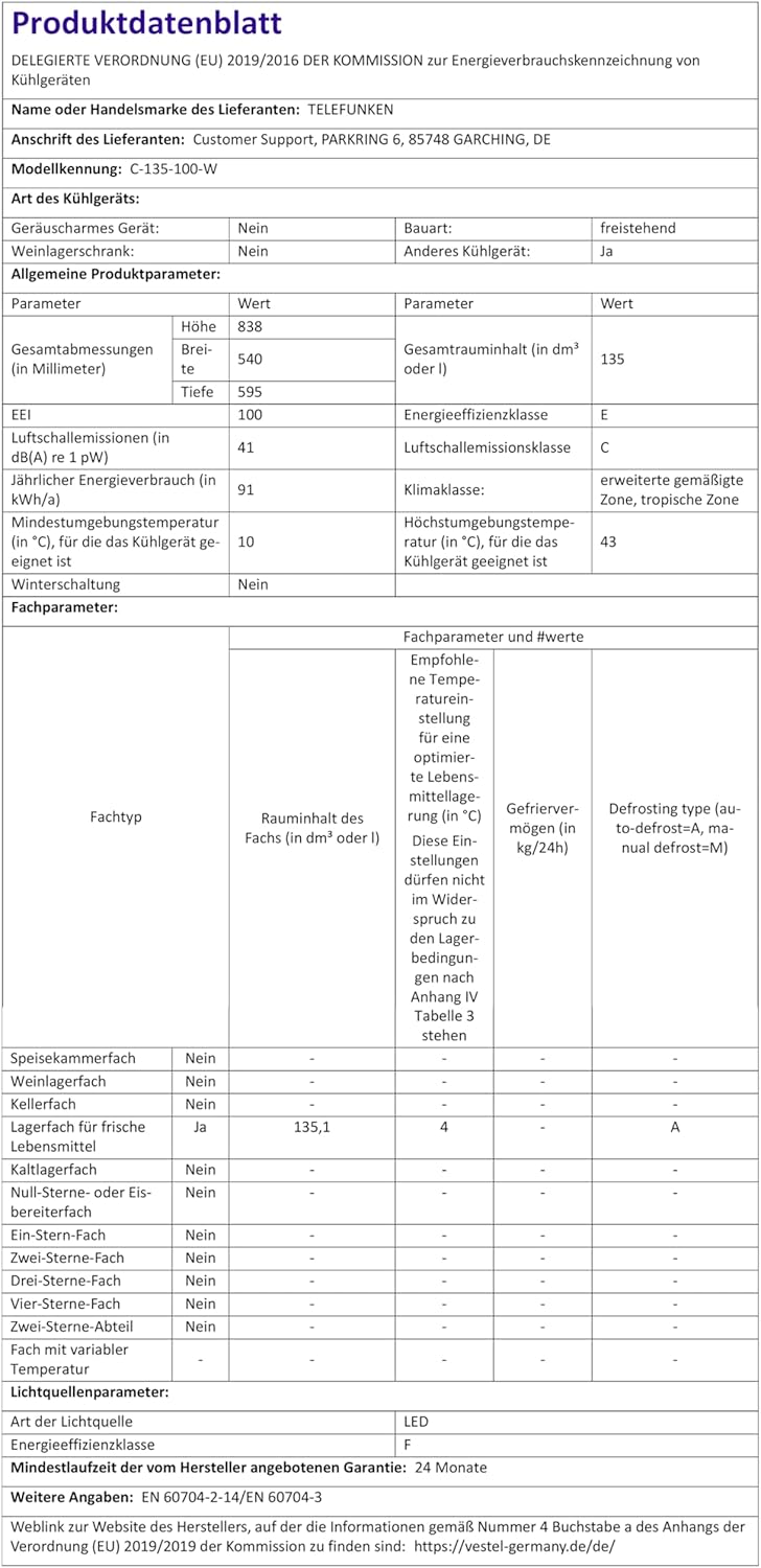 TELEFUNKEN Kühlschrank ohne Gefrierfach | Freistehend | 135 Liter Nutzinhalt | Kühlschrank klein mit Gemüsefach | LED-Beleuchtung | Türanschlag wechselbar | C-135-100-W weiß