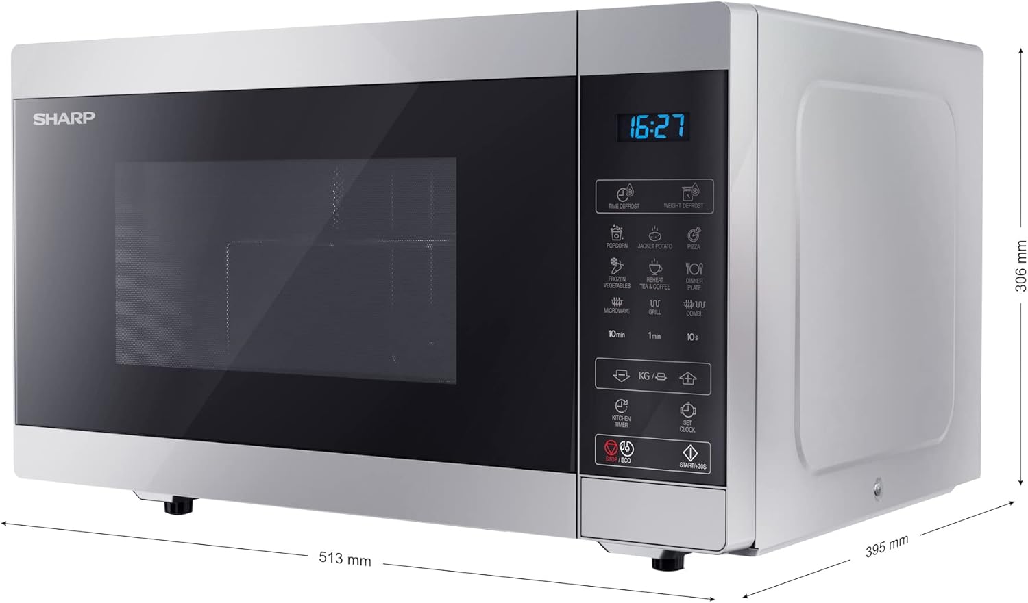 SHARP MG81ES Mikrowelle mit Grill (Mikrowelle: 900W, Grill: 1100W, 11 Leistungsstufen, Auftaufunktion, Abmessungen: 512x300x396cm, Emaille-Keramik-Garraum mit antibakteriellen Eigenschaften), silber