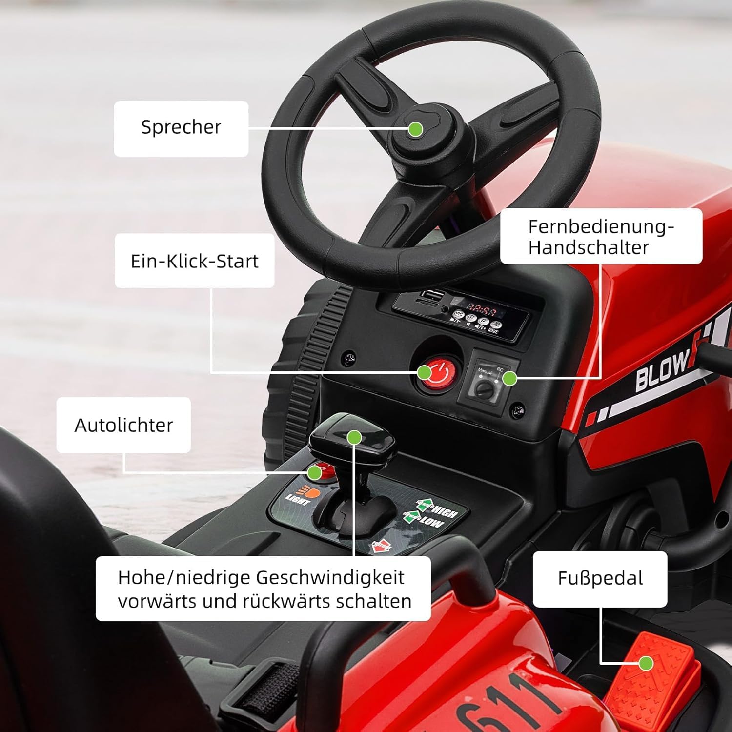 HAUSPROFI 12V 3-Gang Kinder Elektroauto mit Anhänger, Elektro Traktor 2 Fahrmodi, 2,4G-Fernbedienung, Kinder Traktor LED-Licht, Bluetooth, Musik, USB, Elektrischer Traktor für kinder ab 3 Jahren, Grün