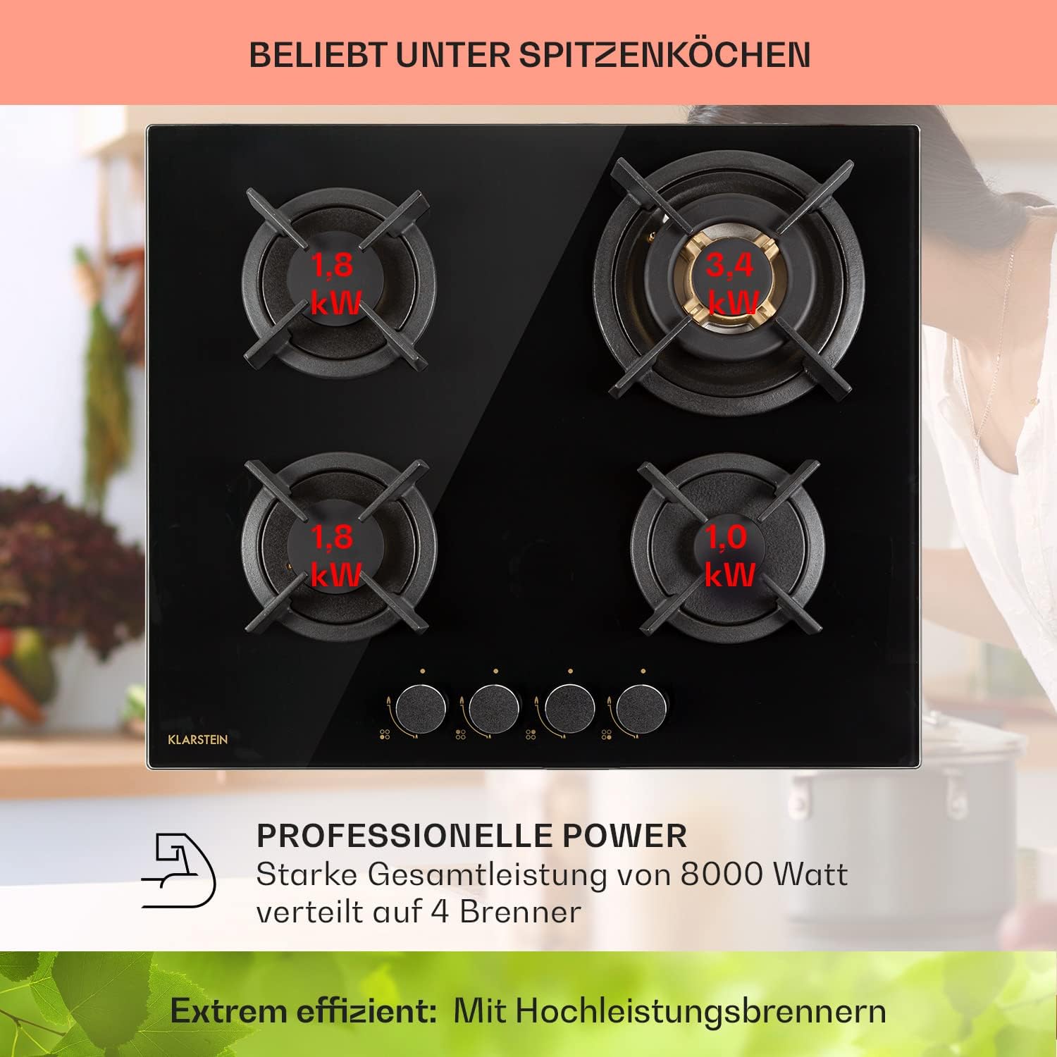 Klarstein Gasherd, Gaskochfeld 4 Flammig, Einbau-Gaskocher für Zuhause & Wohnmobil, Campingkocher mit Glasplatte, Gasherd für Propan- und Erdgas, Edelstahl Gas-Herdplatte Wok Brenner 8000 Watt