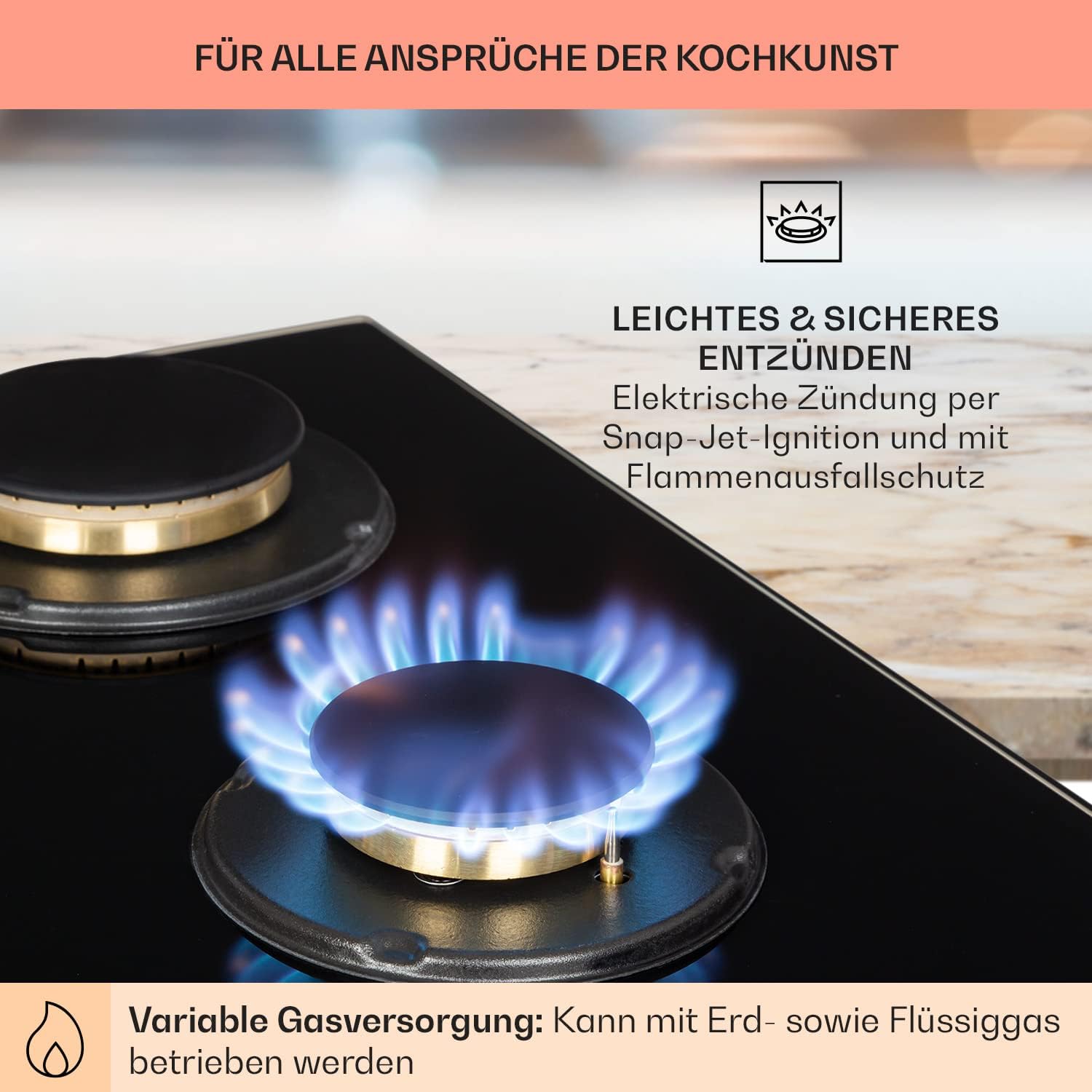 Klarstein Gasherd, Gaskochfeld 5 Flammen, Einbau-Gaskocher für Zuhause & Wohnmobil, Campingkocher mit Glasplatte, Gasherd für Propan- und Erdgas, Edelstahl Gas-Herdplatte Wok Brenner 10400 Watt
