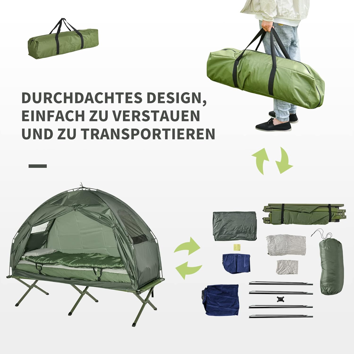 Outsunny Feldbett 4 in 1 Camping Set mit Zelt Schlafsack Matratze faltbar, Dunkelgrün