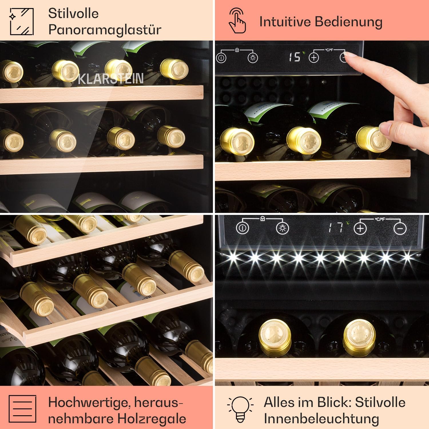 Klarstein Weinkühlschrank, Getränkekühlschrank Schmal, Kühlschrank mit Glastür, Getränkekühlschränke Freistehend, Weinkühlschrank Klein, Weinkühlschränke 1 Zone, UV-Schutz, 4-22 °C, 19 Flaschen