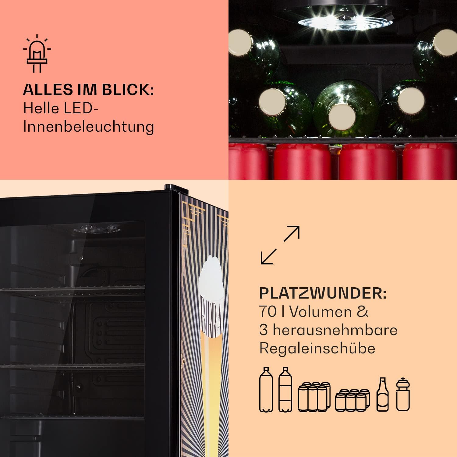 Klarstein Kühlschrank 70L, Kleiner Kühlschrank mit Herausnehmbaren Ablagen, Leiser Mini Kühlschrank mit Glastür & LED, Getränkekühlschrank Klein, Outdoor Geeignet, Biersafe für Flaschen, 0-10°C