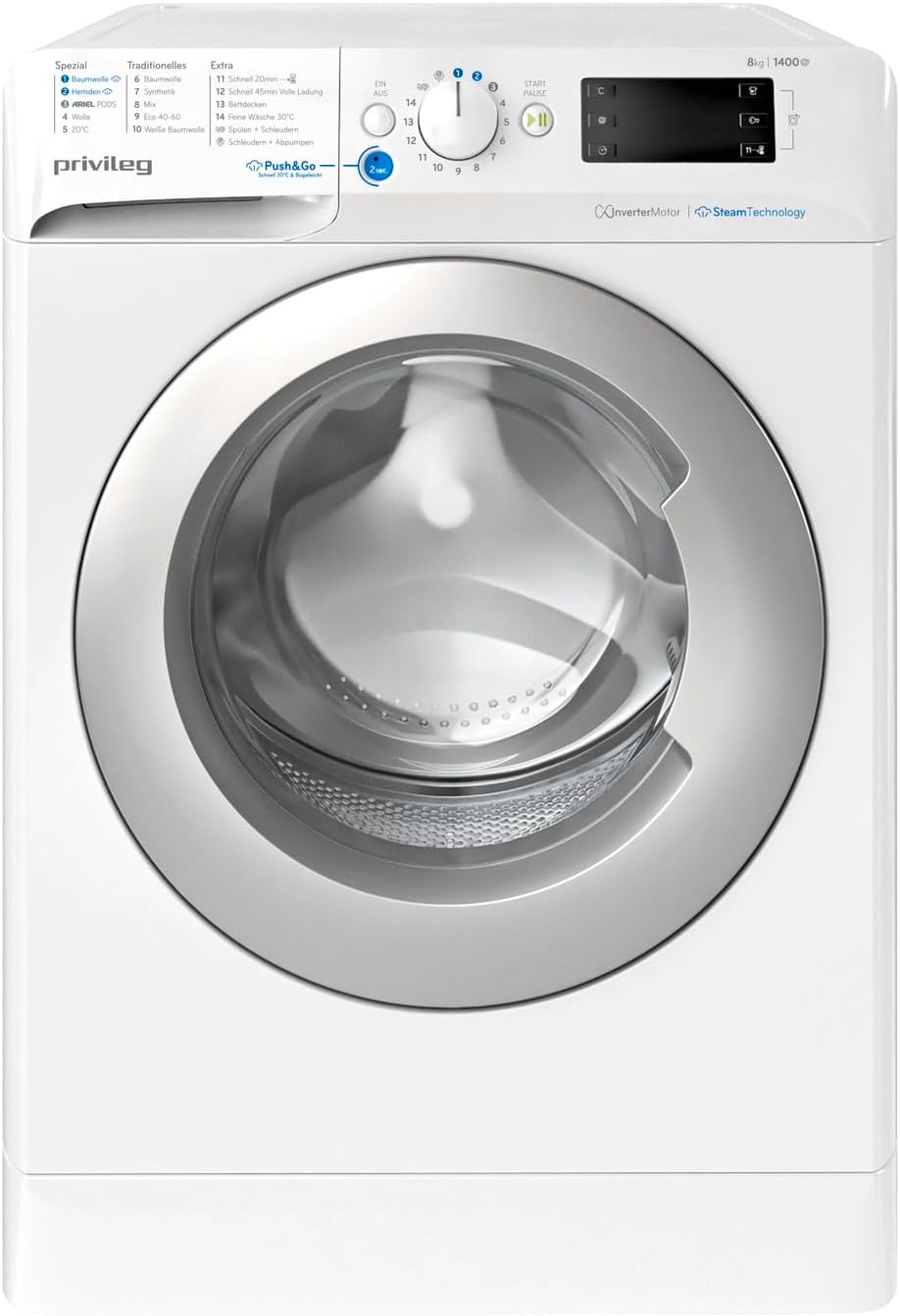 Privileg PWFV X 853 N Waschmaschine Frontlader/1400 U/min/8 kg/EEK B/Push & Go Steam/Dampf-Programme/Schnell 45min Volle Ladung/Schnell-Programme(20/45/60 Min.)/Inverter-Motor/Mehrfachwasserschutz