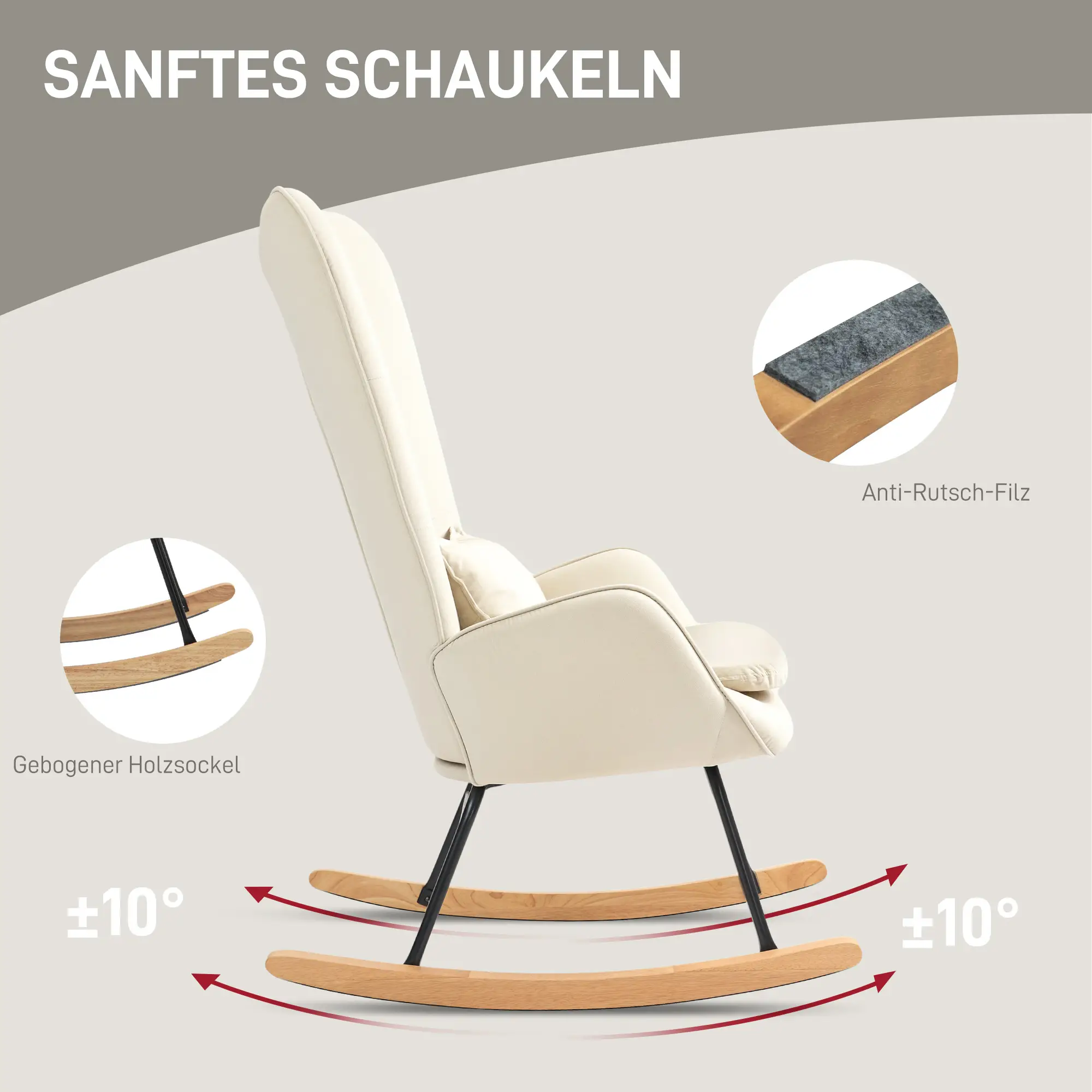 HOMCOM Schaukelstuhl Polsterstuhl mit Nierenkissen & Filzstreifen cremeweiß