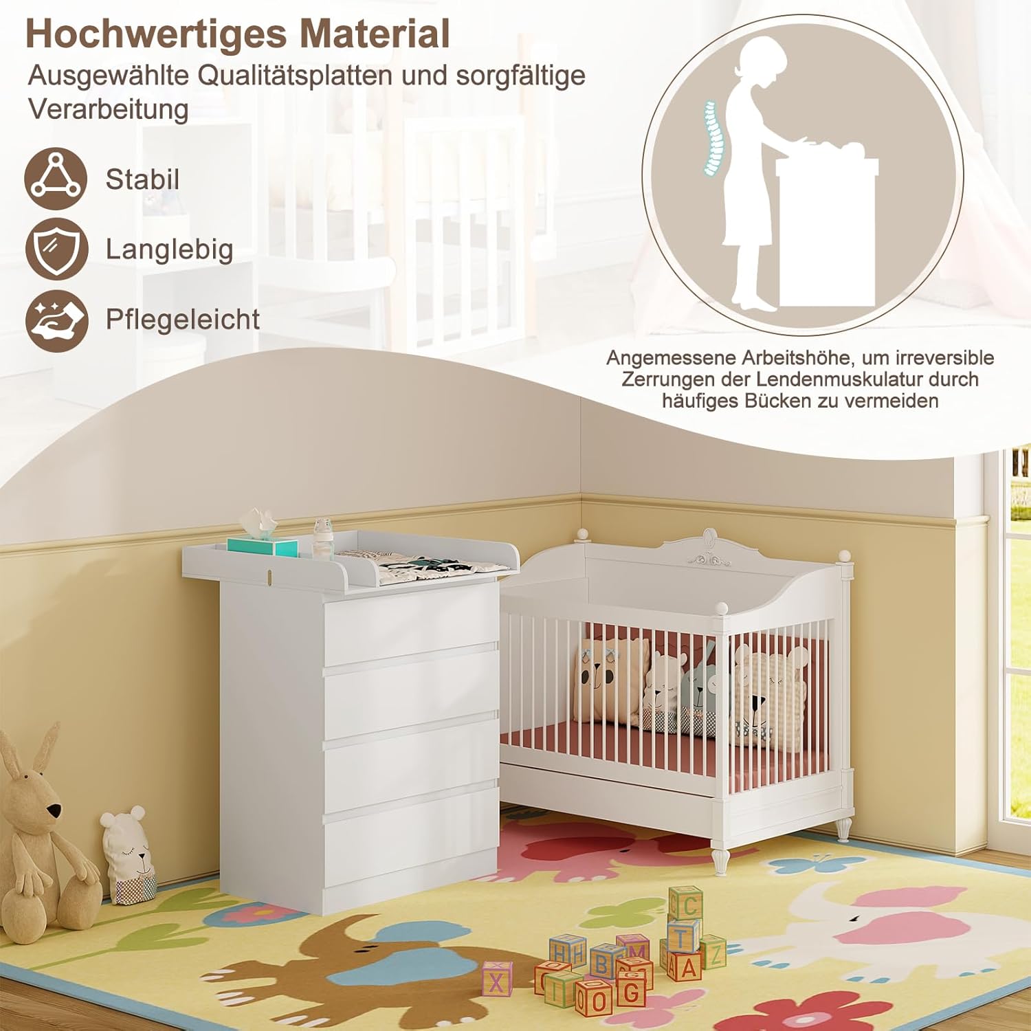 WOLTU Wickelkommode mit abnehmbarer Wickelaufsatz, Wickeltisch Baby, Wickelregal, Kommode mit 4 Schubladen, Höhe 110 cm, Weiß + Hochglanz Weiß