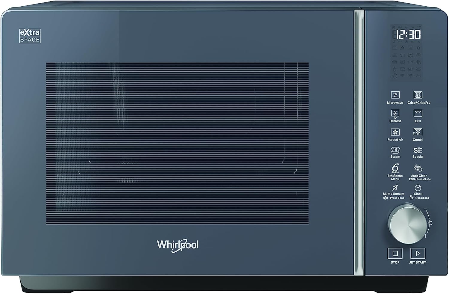 Whirlpool MWF 259 SG – Freistehende Mikrowelle – Abmessungen 46,8 cm x 49 cm x 32,5 cm. Mikrowelle 25 Liter mit Leistung 800 W Mikrowelle und 1300 W Grill, Grau Schatten, Mikrowelle ohne Teller.