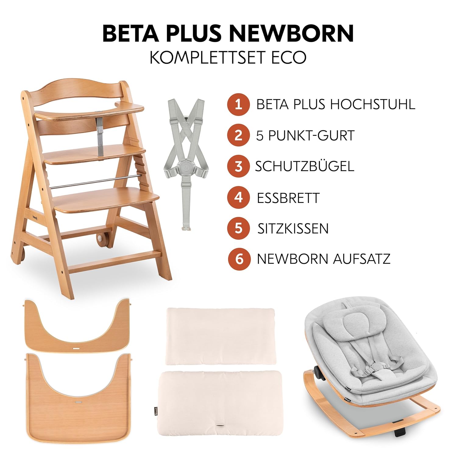 hauck Hochstuhl Beta+ Newborn Set Eco Bouncer - mitwachsender Holz Babyhochstuhl ab Geburt, inkl. Neugeborenenaufsatz, Sitzpolster und Essbrett - Dark Grey