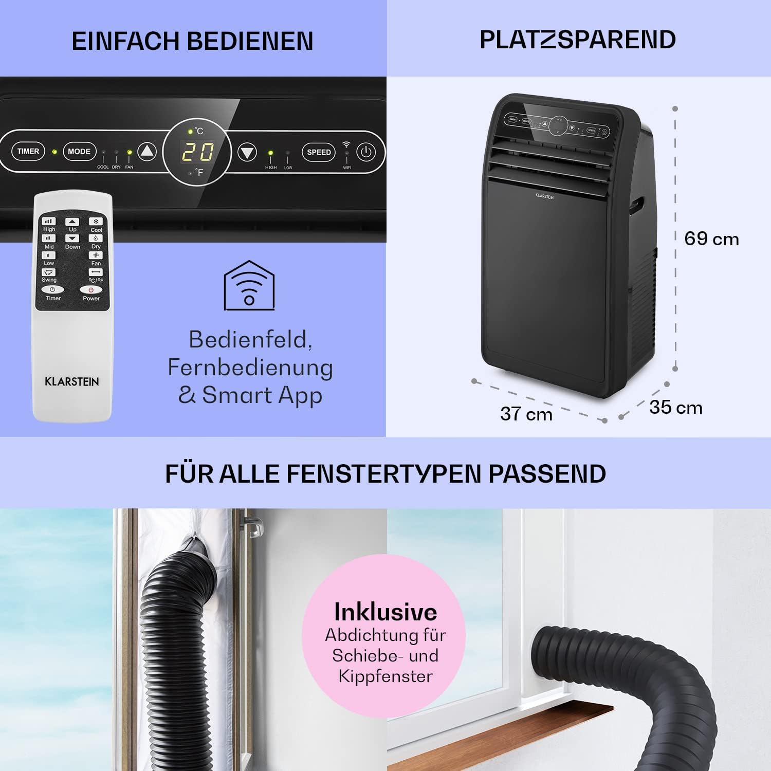 Klarstein Mobile Klimaanlage mit Abluftschlauch, 4-in-1 Klimagerät mit Ventilator, Luftentfeuchter & Nachtmodus, Kleine & Portable Klimaanlage für Wohnung & Büro, Niedriger Verbrauch, 9000 BTU