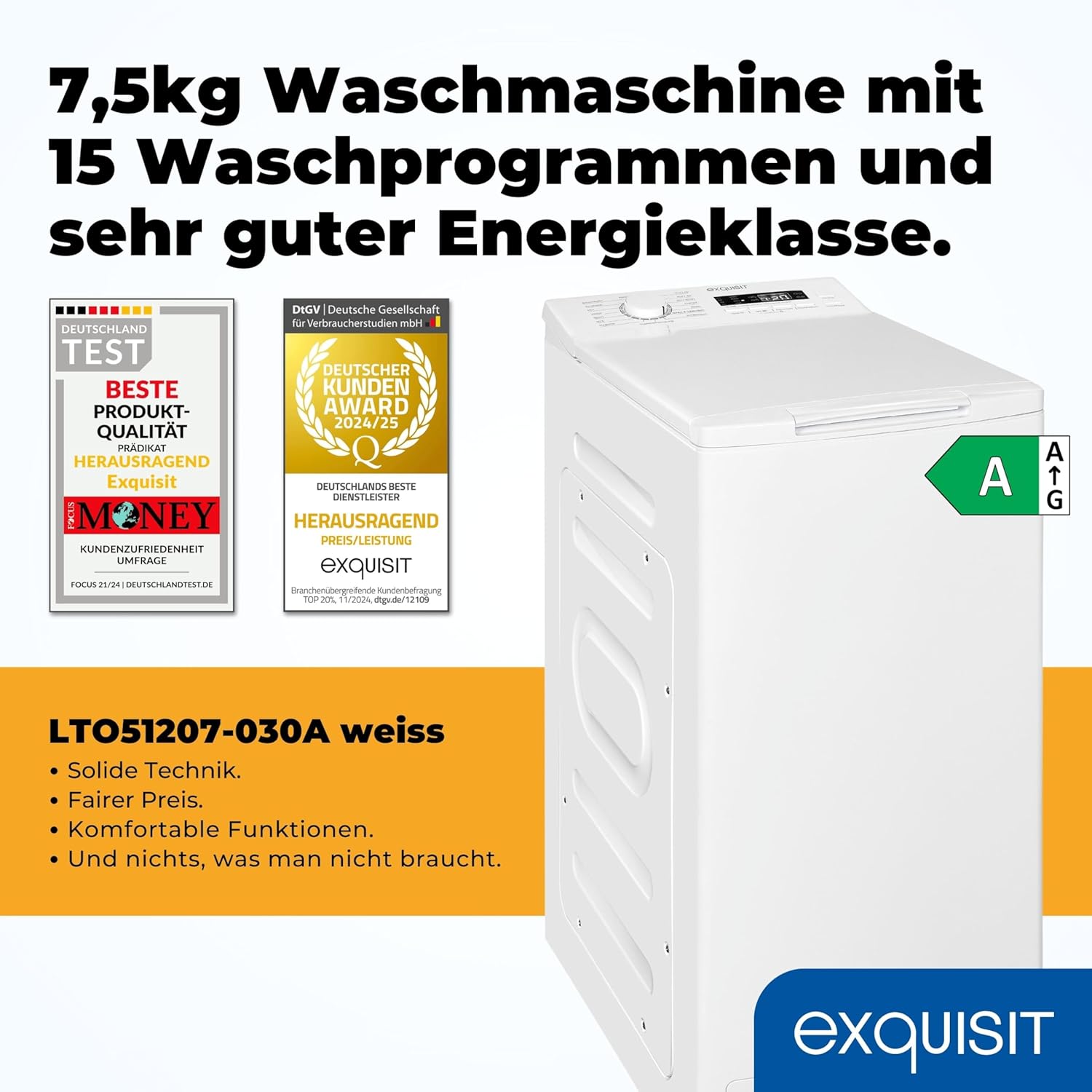 Exquisit Toplader Waschmaschine, 7,5kg Füllmenge, Waschmaschine schmal, Energieklasse A, 1200 U/Min, Startzeitvorwahl, Kurzprogramm, LTO51207-030A weiss