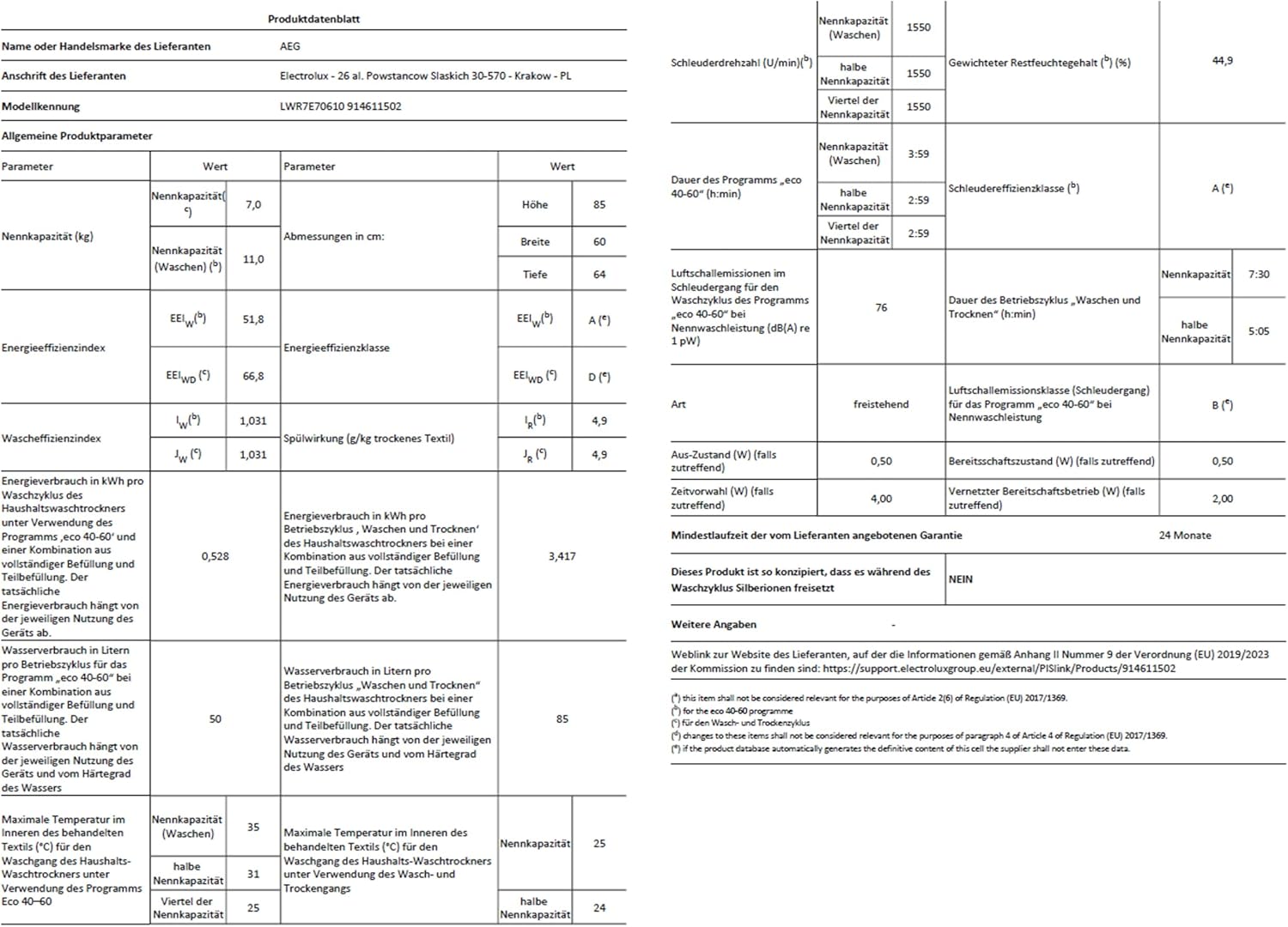 AEG L7WBA60680 Waschtrockner / DualSense - schonende Pflege / 8 kg Waschen / 5 kg Trocknen / D / energiesparend / Mengenautomatik / Nachlegefunktion / ProSteam - Auffrischfunktion / 1600 U/min Weiß