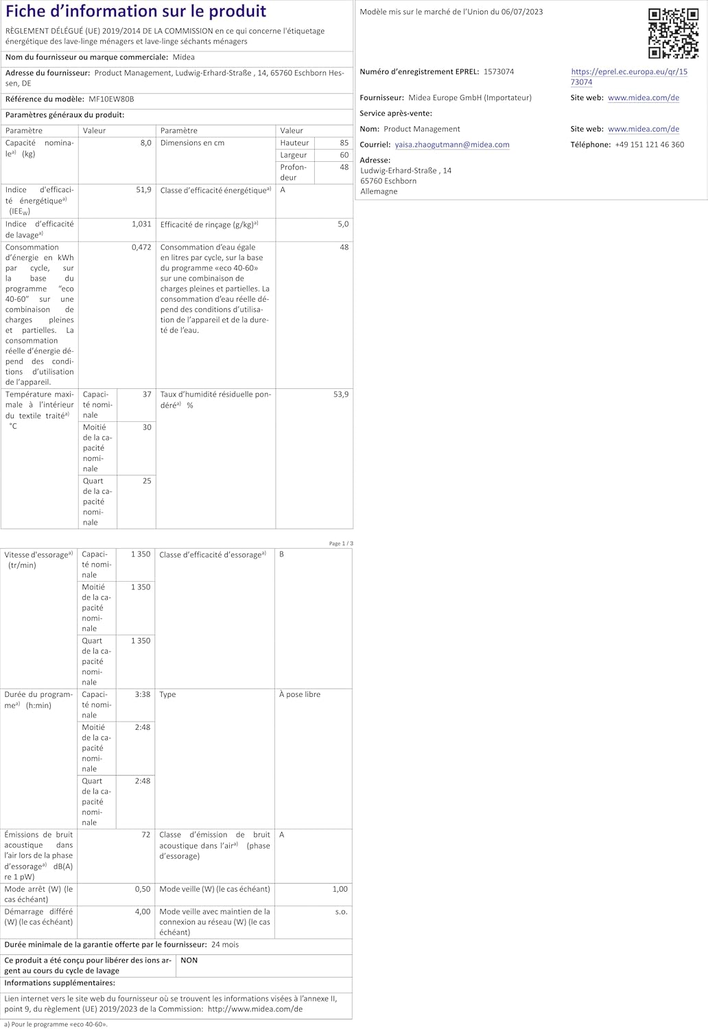 Midea MF10EW80B Waschmaschine / 8kg / 1400 U/Min/EEK A/Inverter Quattro Moto/Dampffunktion/Grosse Trommel/Slim Design/Nachlegefunktion/Kindersicherung/AquaStop, Weiß