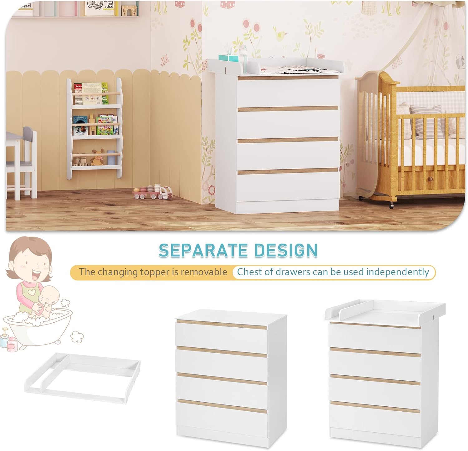 WOLTU Wickelkommode mit abnehmbarer Wickelaufsatz, Wickeltisch Baby, Wickelregal, Kommode mit 4 Schubladen, Höhe 110 cm, Weiß + Hochglanz Weiß