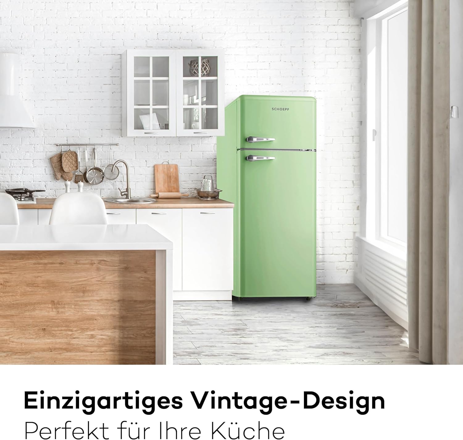 SCHOEPF – RKG218SG Kühl-Gefrierkombination – 211 L – Retro Design – LED-Beleuchtung – 39 dB – Grün/Mint – Höhenverstellbare Füße – Freistehend – Vintage Look
