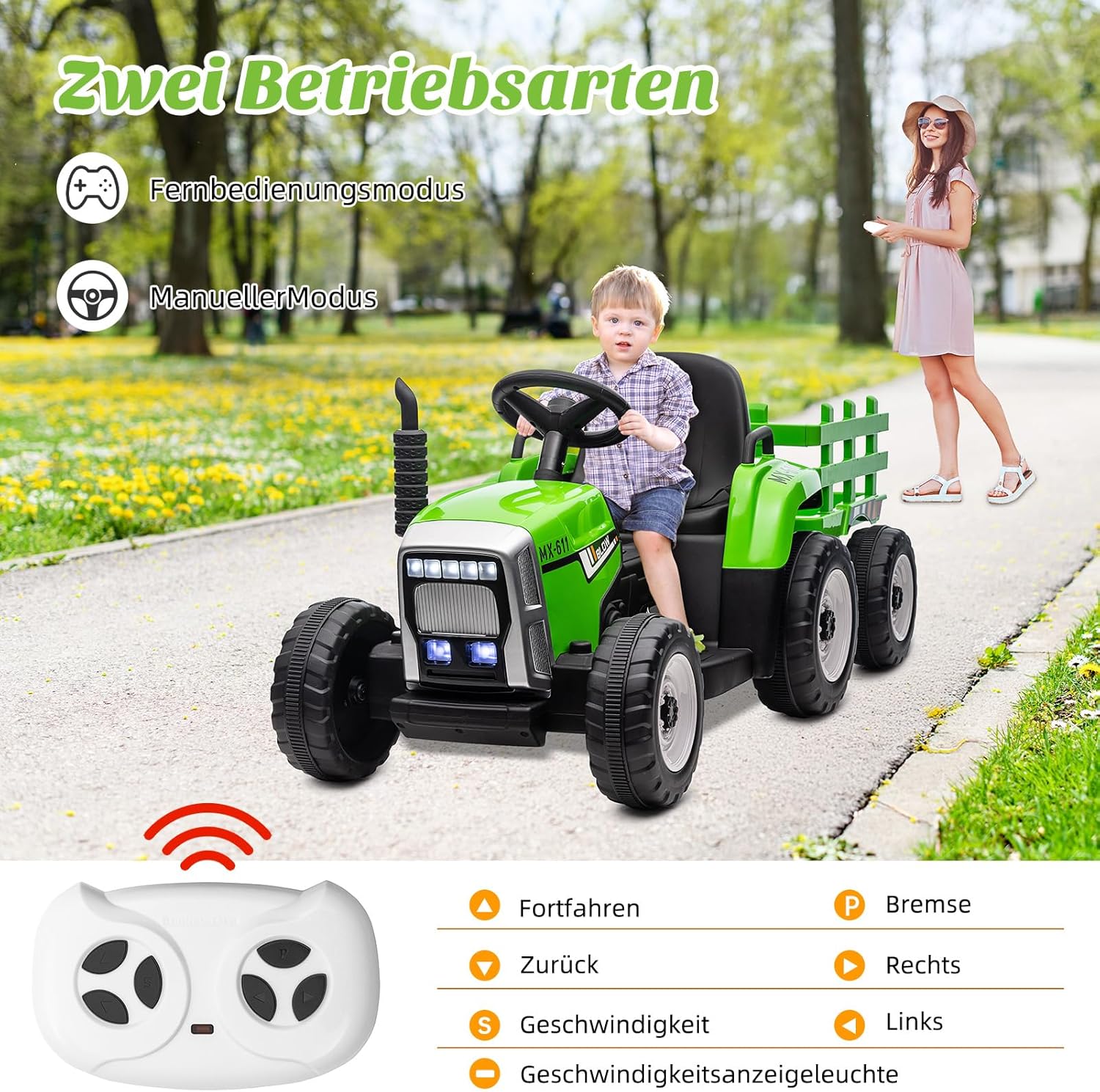 HAUSPROFI 12V 3-Gang Kinder Elektroauto mit Anhänger, Elektro Traktor 2 Fahrmodi, 2,4G-Fernbedienung, Kinder Traktor LED-Licht, Bluetooth, Musik, USB, Elektrischer Traktor für kinder ab 3 Jahren, Grün