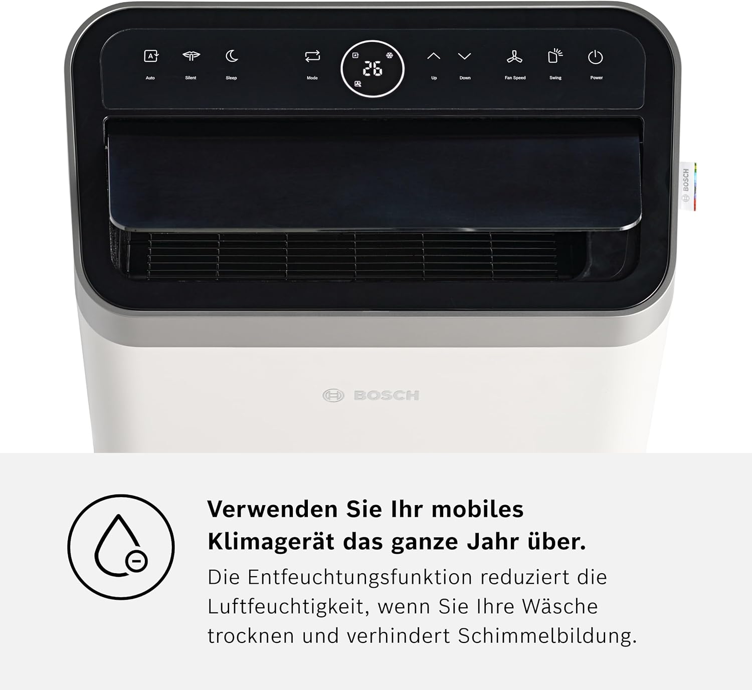 Bosch Cool 4000 Mobiles Klimagerät - 3-in-1: Klimagerät, Luftentfeuchter, Ventilator - 2,6 kW für Räume bis zu 35m² - Mit Auto-Modus, Silent-Modus & Sleep-Modus