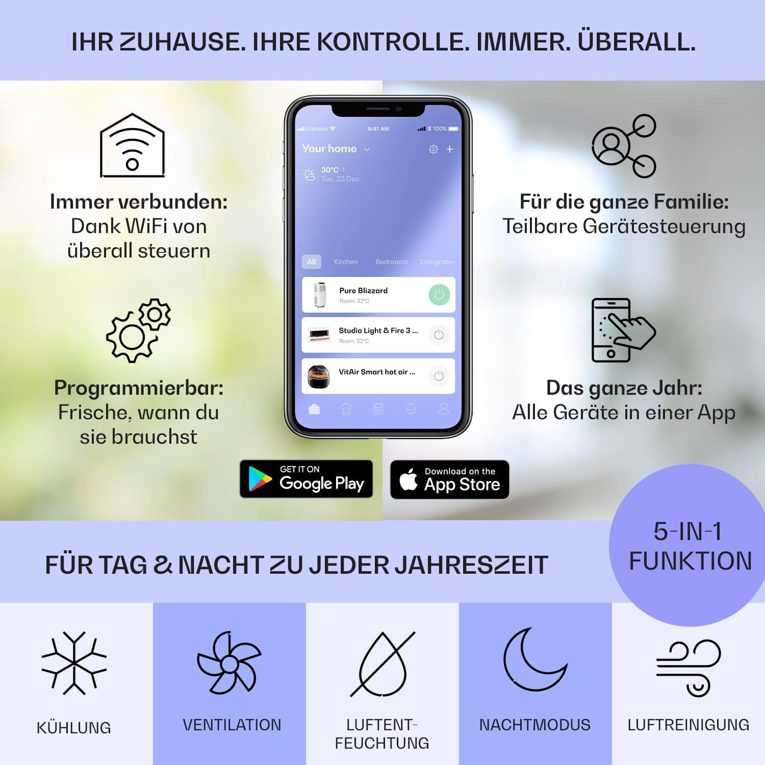 Klarstein Mobile Klimaanlage mit Abluftschlauch, 5-in-1 Klimagerät, Ventilator, Luftentfeuchter, Luftreiniger & Nachtmodus, App-Steuerung, Kleine & Portable für Wohnung & Büro, 12000 BTU