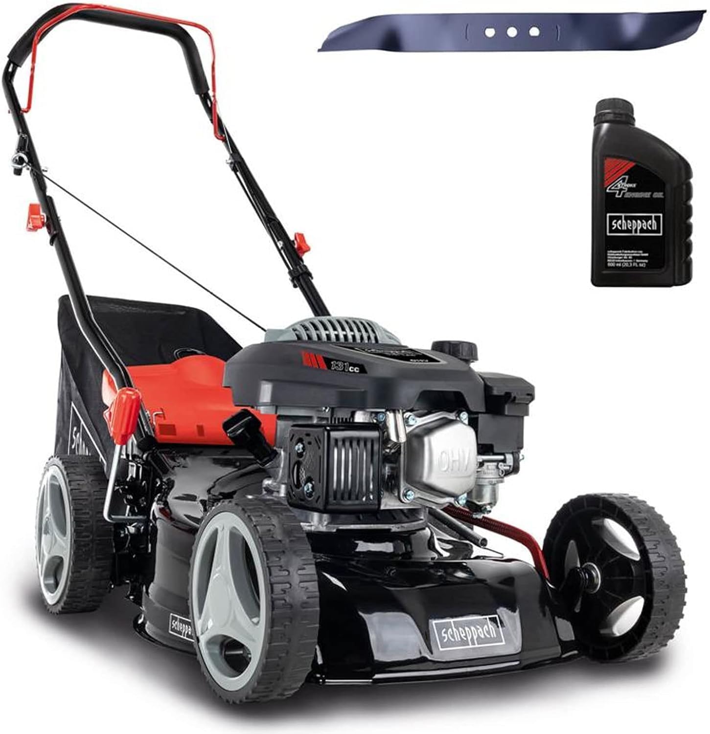 Scheppach Rasenmäher RM420 | 3in1-3,4PS | Schnittbreite 420mm | 45L Fangkorb | Schnitthöhenverstellung 25-75 mm | inkl. Motoröl