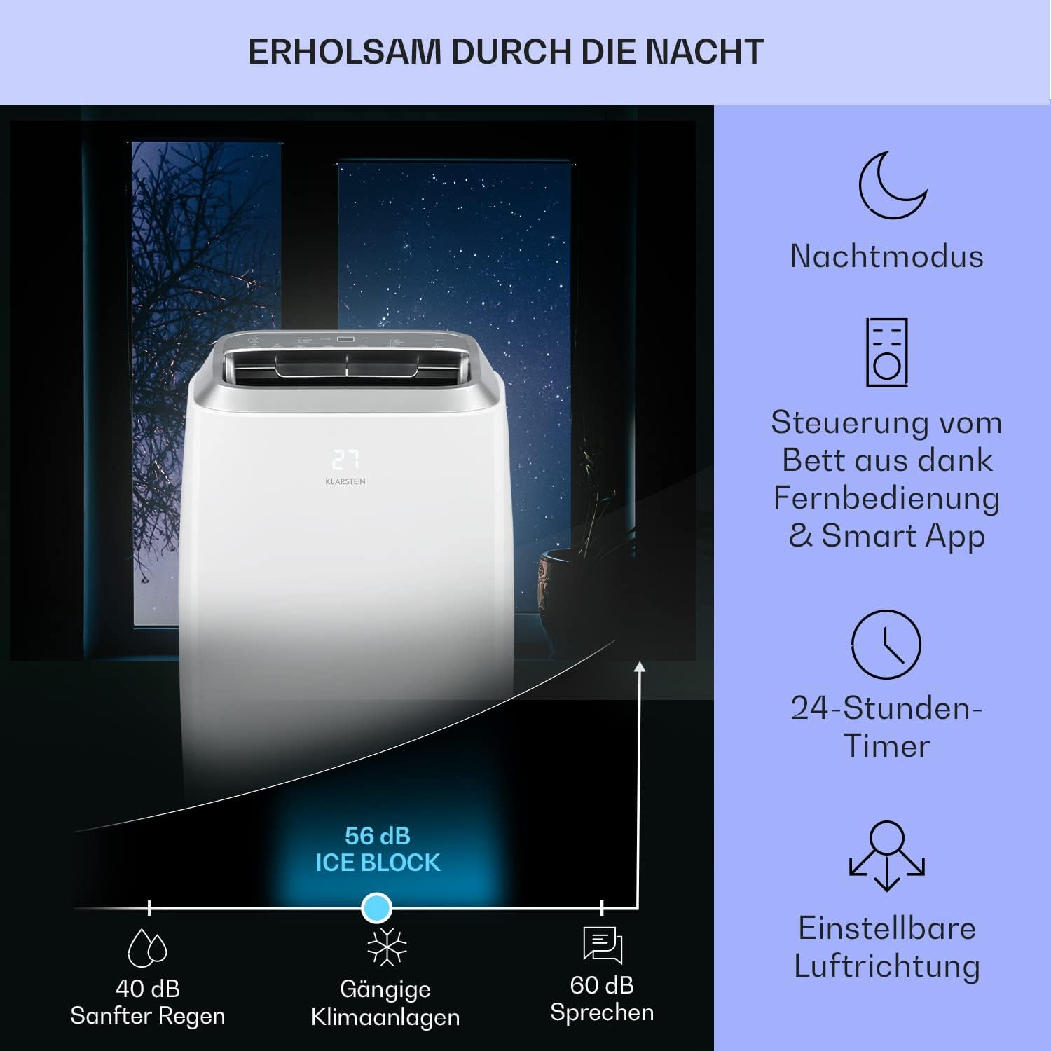 Klarstein Mobile Klimaanlage mit Abluftschlauch, 3-in-1 Klimagerät mit Ventilator, Luftentfeuchter & Nachtmodus, Kleine & Portable Klimaanlage für Wohnung & Büro, 12000 BTU Niedrig Verbrauch