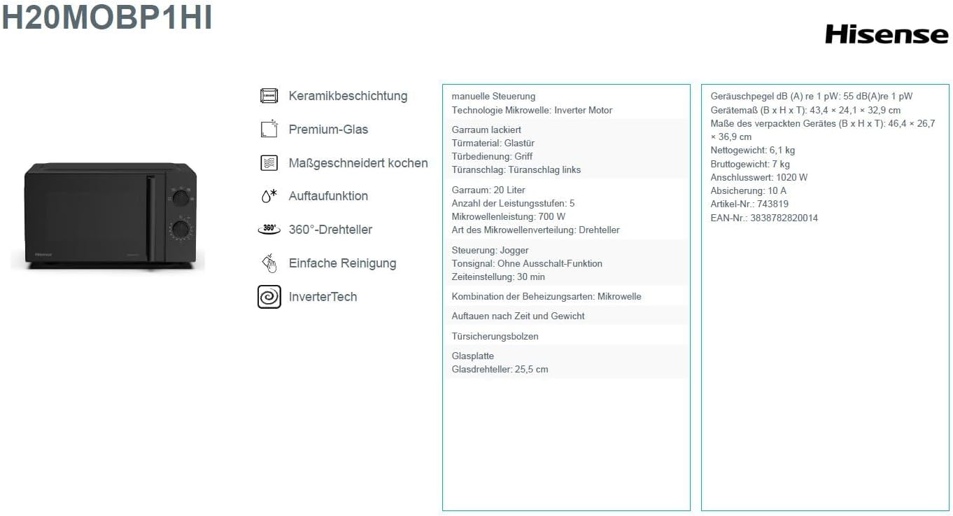 Hisense Elektronische Mikrowelle, Fassungsvermögen 23 l, Leistung 800 W, Grillleistung 1000 W, LED-Display mit Touch-Steuerung, Schwarz
