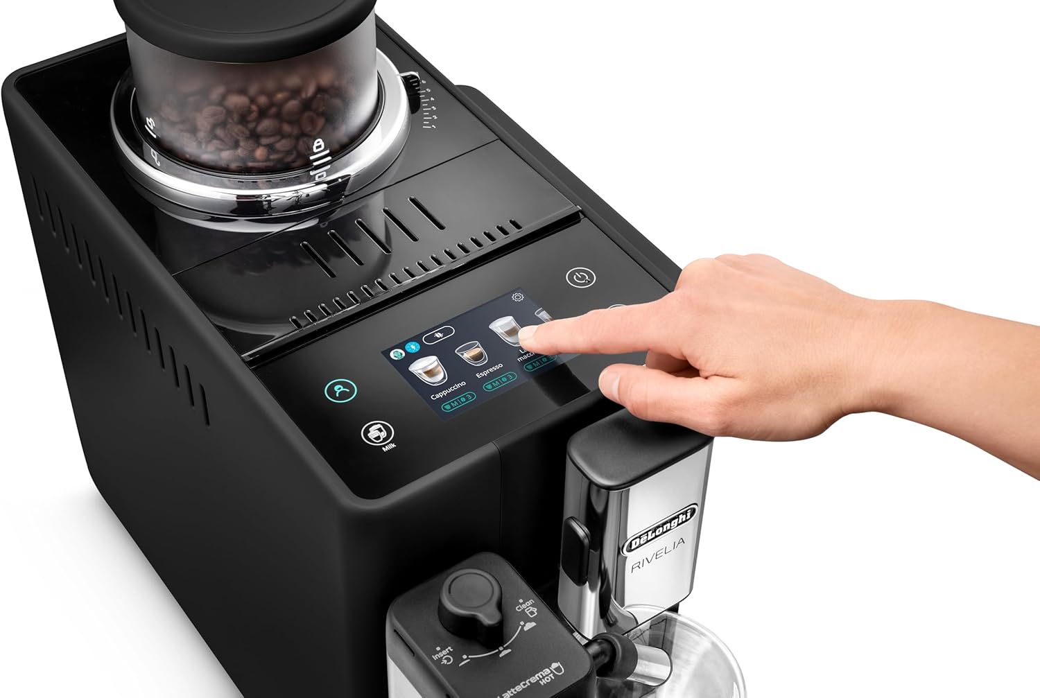 De'Longhi Rivelia EXAM440.55.W Kaffeevollautomat mit LatteCrema Milchsystem, Wechselbarer Bohnenbehälter, 16 Kaffee- & Milchgetränke auf Knopfdruck, Extra-Shot-Funktion, 3,5 Touch-Display, Weiß