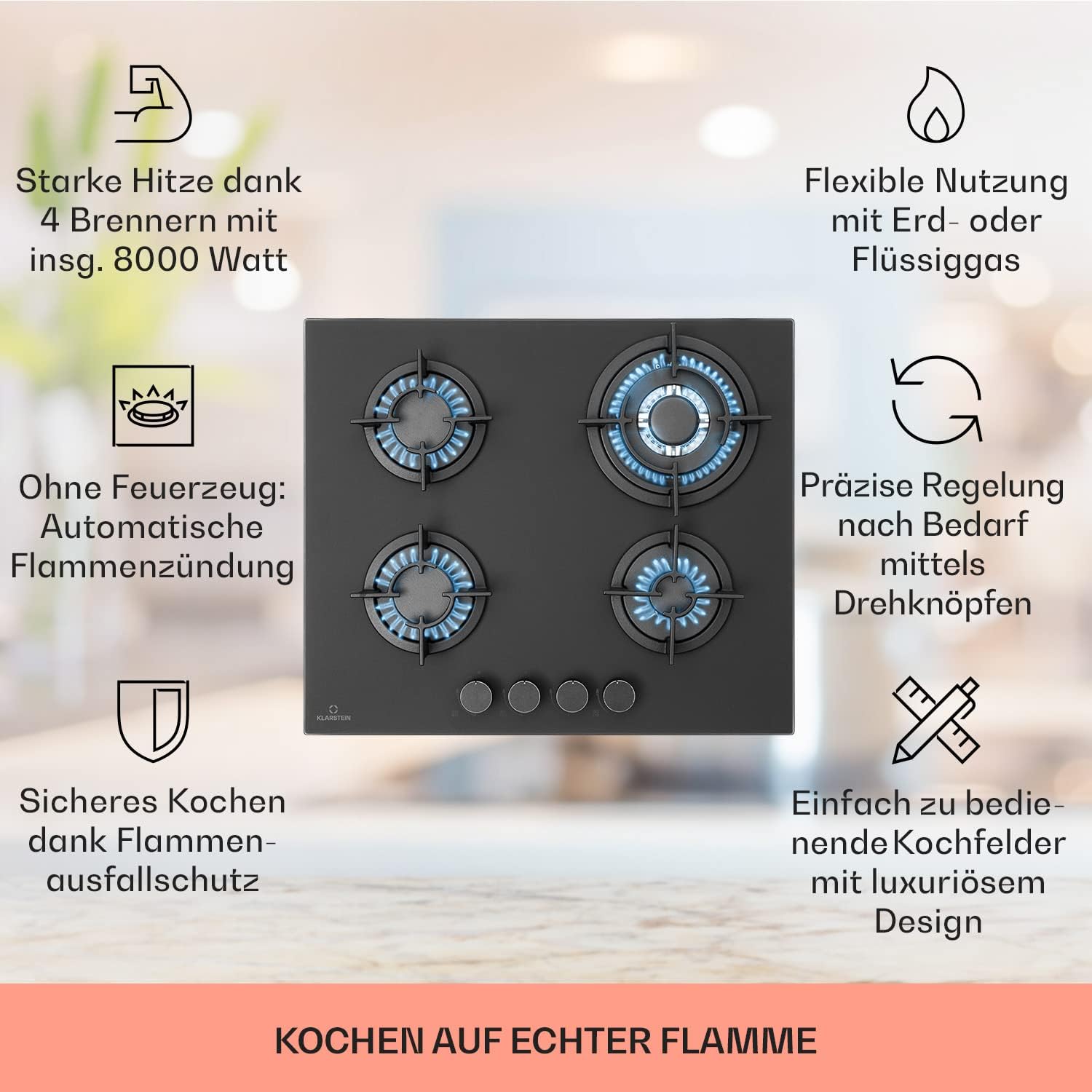 Klarstein Gasherd, Einbau-Gasherd für Propan Gasflasche, Gaskochfeld 4 Flammig, Gasherd für Küche, Camping & Wohnmobil, 8000 W Kochplatte, LPG Gaskocher, Herdplatte für Propangas, Edelstahl Gas-Herd