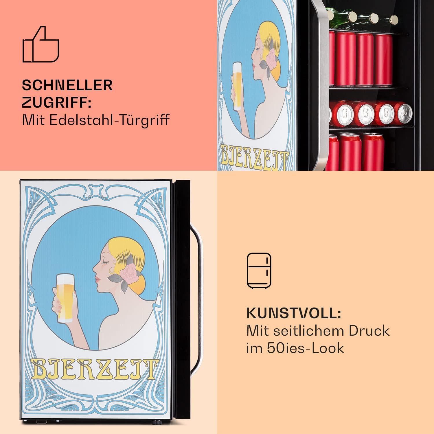 Klarstein Kühlschrank 70L, Kleiner Kühlschrank mit Herausnehmbaren Ablagen, Leiser Mini Kühlschrank mit Glastür & LED, Getränkekühlschrank Klein, Outdoor Geeignet, Biersafe für Flaschen, 0-10°C