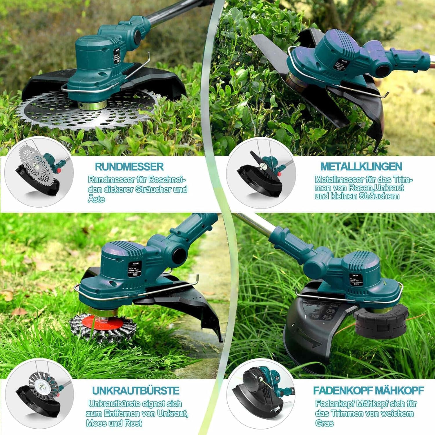Hengriacly Rasentrimmer mit Akku 21V, Akku Rasentrimmer für Makita Akku, Rasentrimmer mit Unkrautbürste, Freischneider akku, Motorsense Akku- Inkl. 2X4.0Ah Akku & Ladegerät, 750W Bürstenloser Motor