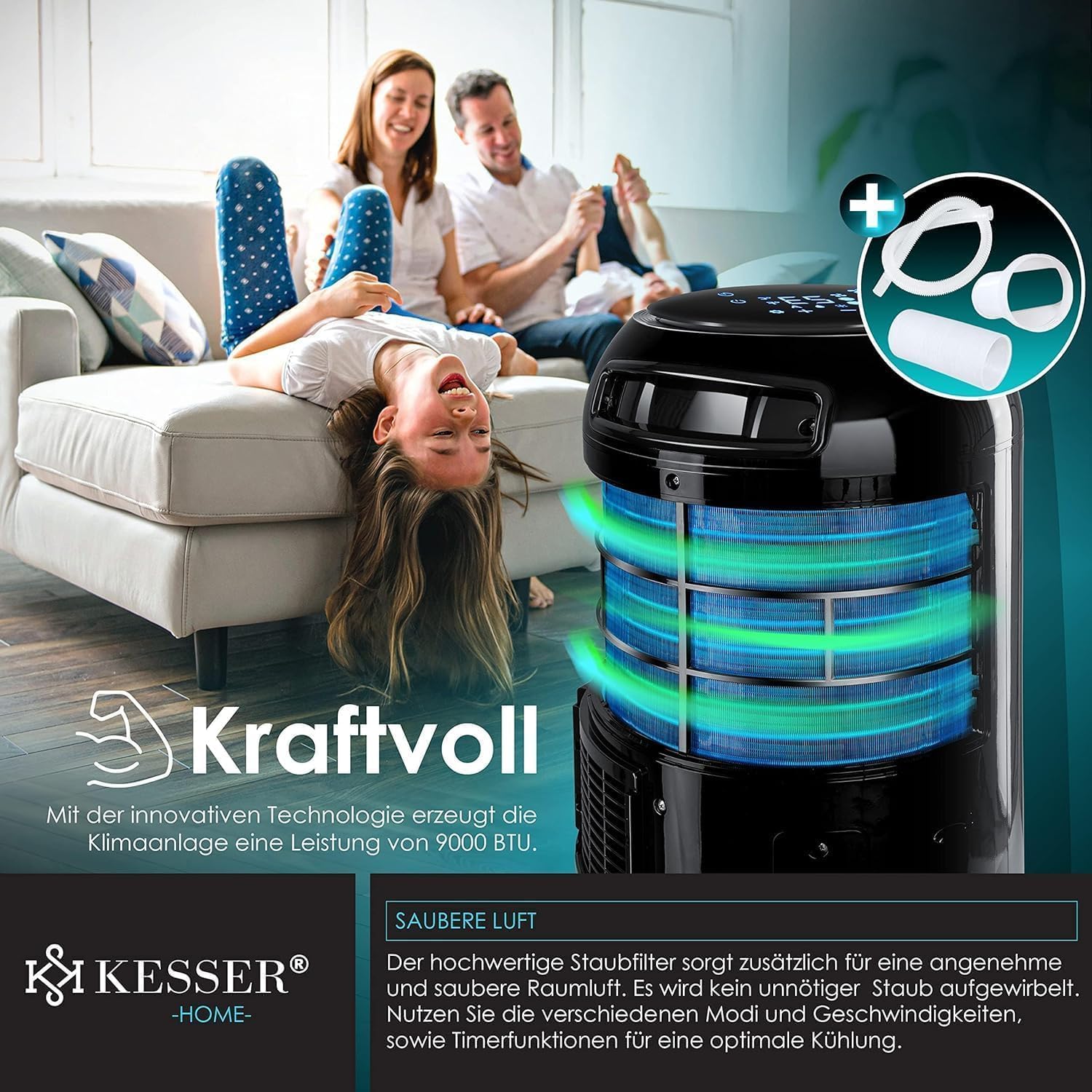 KESSER® Klimaanlage Mobil Klimagerät Sky Tower 4in1 kühlen, Luftentfeuchter, lüften, Ventilator - 9000 BTU/h (2.600 Watt) 2,7KW - Klima, Fernbedienung und Timer, Nachtmodus (EEK: D), Schwarz