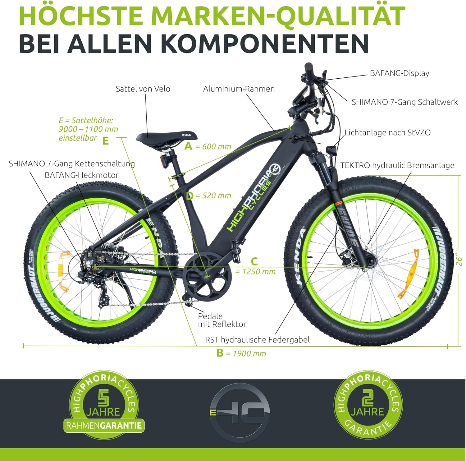Highphoria Elektrofahrrad Erwachsene, 250W 25 km/h E-Bike mit Batterie, Starker Motor, Kettenschaltung, E-Mountainbike mit Hydraulische Federgabel Pedelec für Damen & Herren