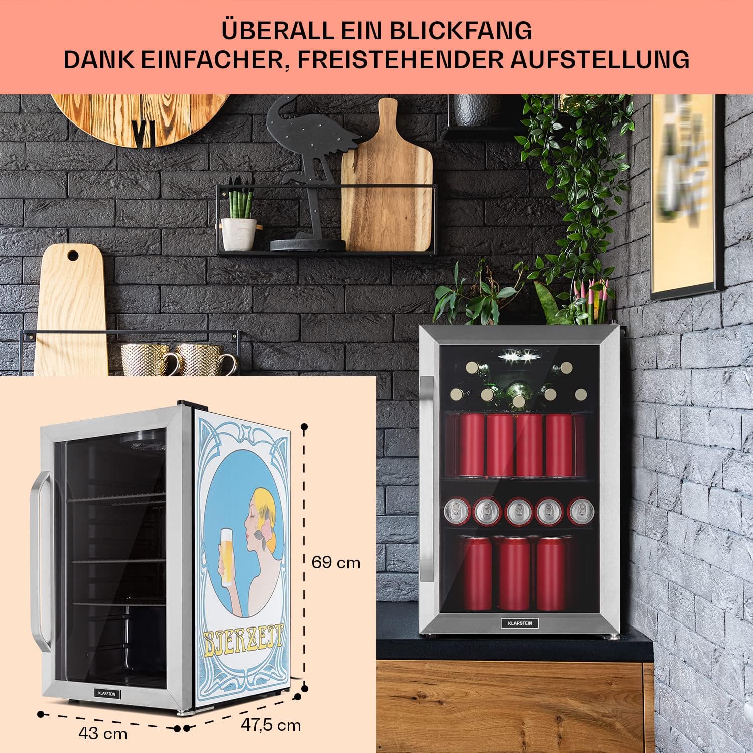 Klarstein Kühlschrank 70L, Kleiner Kühlschrank mit Herausnehmbaren Ablagen, Leiser Mini Kühlschrank mit Glastür & LED, Getränkekühlschrank Klein, Outdoor Geeignet, Biersafe für Flaschen, 0-10°C