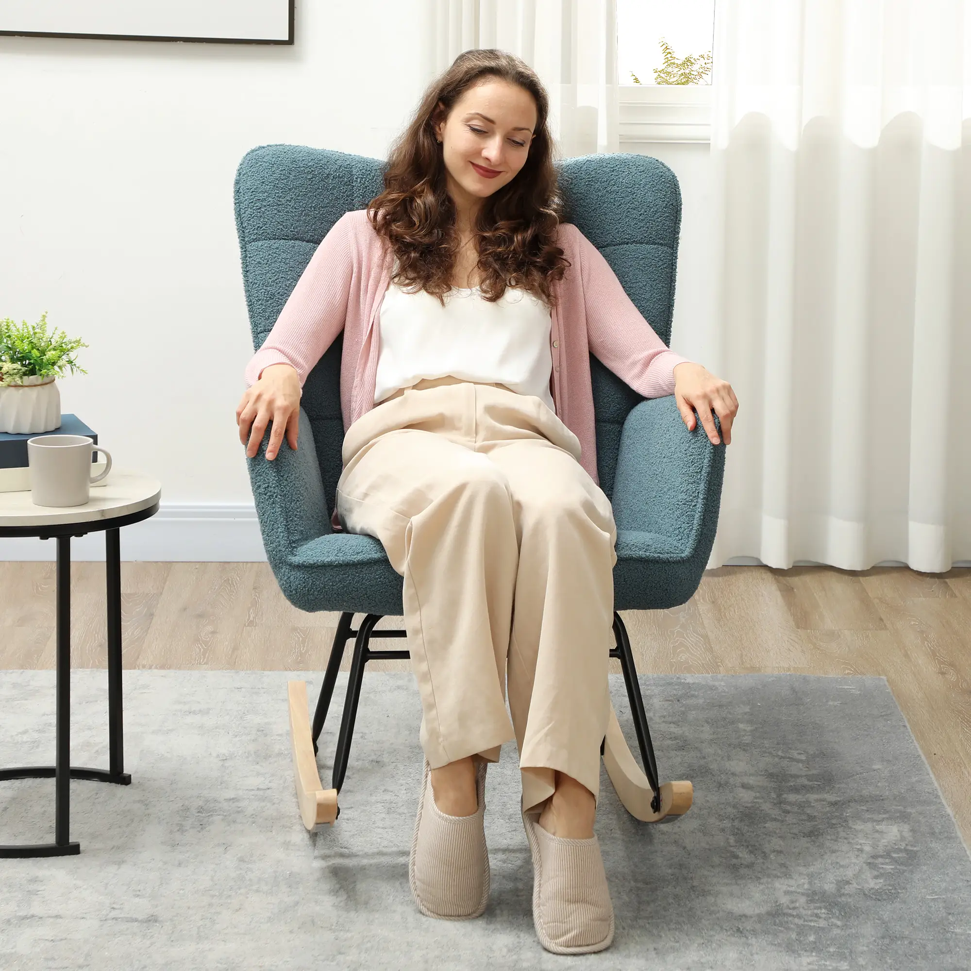 HOMCOM Schaukelstuhl Relaxsessel Berbervliesoptik hellblau