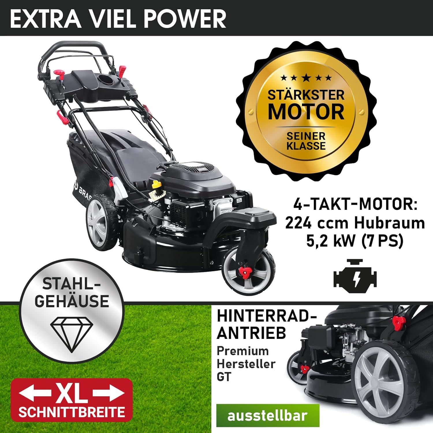 BRAST® Benzin Rasenmäher Trike mit Antrieb | 5,2kW(7PS) | 53cm Schnittbreite | viele Modelle | TÜV | 4 Takt OHV Motor | 30-80mm Schnitthöhe | 60L Fangkorb | Stahlgehäuse | Speed