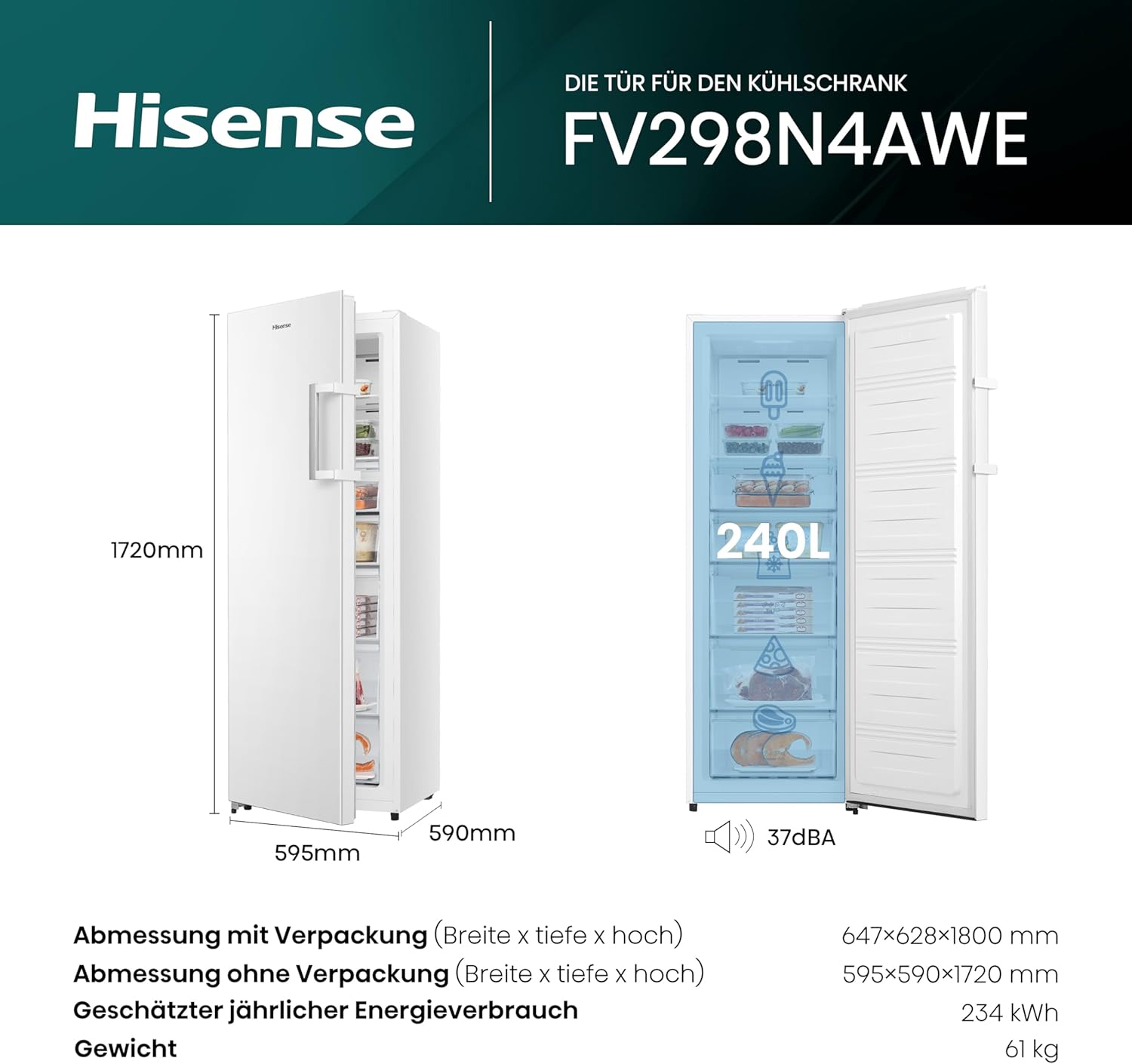 Hisense FV191N4AW2 Gefrierschrank/ TotalNoFrost/ SuperFreeze/ Türalarm/ Multiflow 360°/ BigBox/ 143,4 cm/ Gefrierteil 147 l/ 41 dB/ 205 kWh/Wei