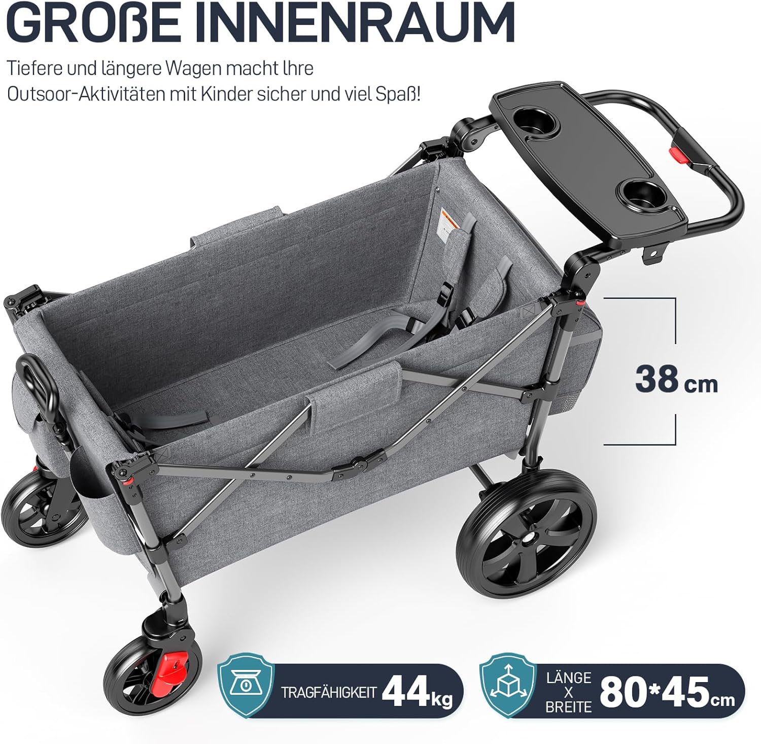 EVER ADVANCED Bollerwagen für 2 Kinder Faltbar mit Dach, Kinderwagen 2x5 Punkt Sicherheitsgurt mit Wickelrucksack, Bollerwagen mit Sitz, Handwagen Transportwagen, Ziehen & Schieben, Fußbremse
