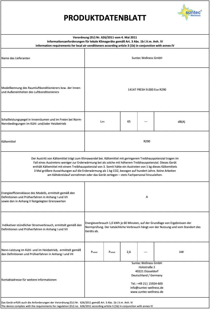 SUNTEC Mobiles Klimagerät Impuls 2.6 Eco R290 – Klimaanlage mobil und leise mit Abluftschlauch – Kühler & Entfeuchter für Räume bis 34 qm – Mobile Kühlung für Wohnung & Büro – 9.000 BTU | 2600 Watt