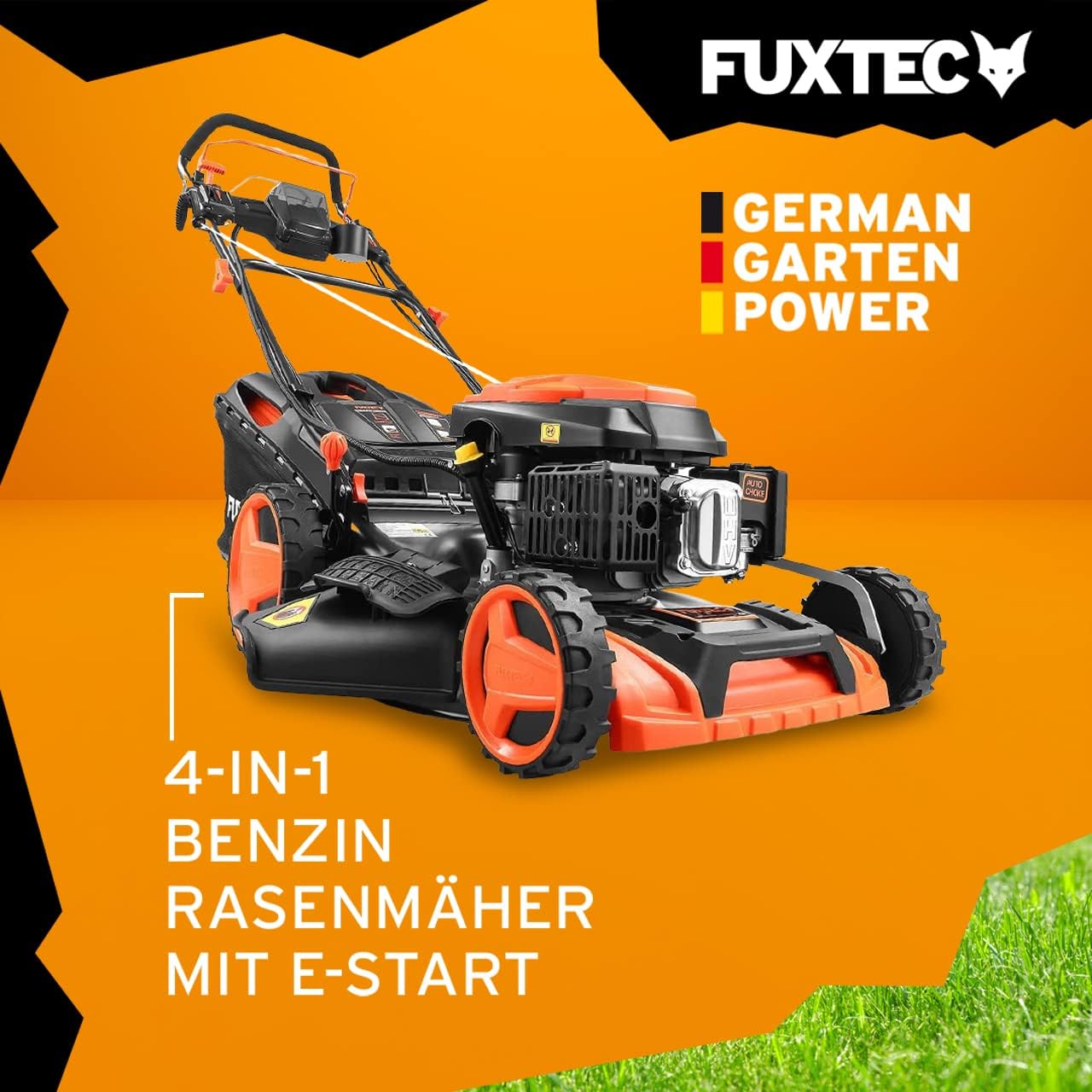 FUXTEC 4in1 Benzin Rasenmäher FX-RM5196eSPRO mit E-Start und regulierbarem Selbstantrieb, Gartenmäher inkl. Frontstoßstange, 51 cm Schnittbreite, kugelgelagerte Big Wheel Räder, 60L Grasfangkorb