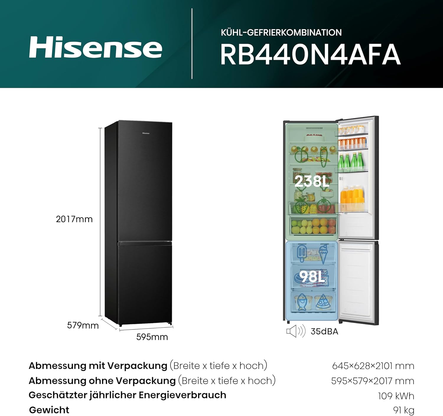 Hisense RB327N4AD2 Kühl-Gefrierkombination/ NoFrostPlus/ Multiflow 360°/ HolidayMode/ FreshZone/ 182,4 cm/ Kühlteil 171 l/ Gefrierteil 85 l/ 41 dB/ 287 kWh/ Jahr/ Edelstahl-Look