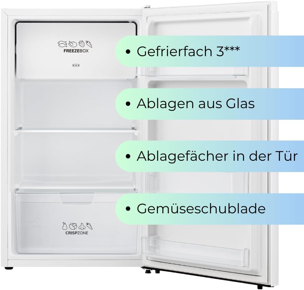 YUNA SINAIDA GFE Kühlschrank mit 3*Gefrierfach, Tisch-Kühlschrank, nur 47,5 cm breit, 82 L Nutzinhalt, LED Licht, wechselbarer Türanschlag, robuste Glasablagen, 38 dB, Weiß