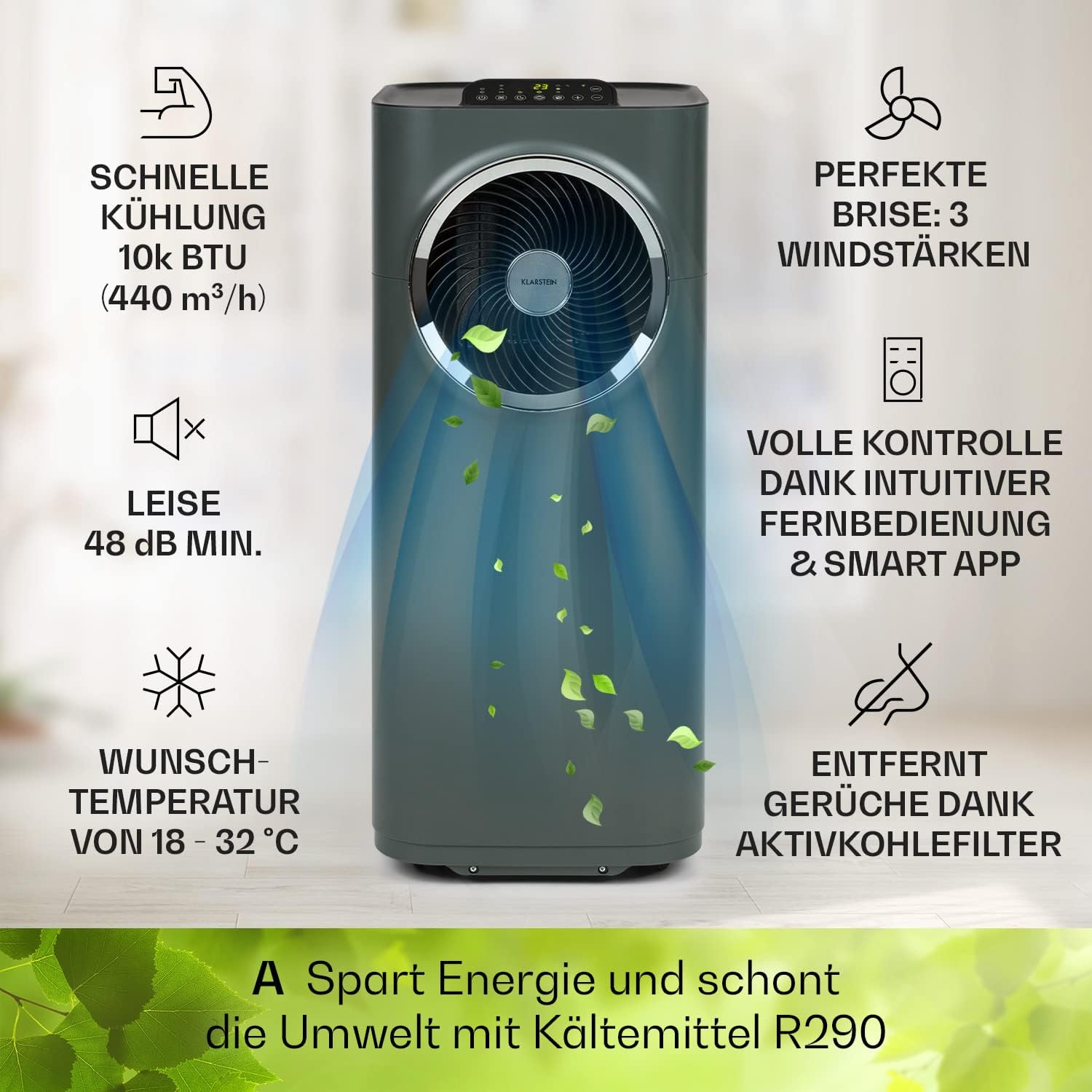 Klarstein Mobile Klimaanlage mit Abluftschlauch, 5-in-1 Klimagerät, Ventilator, Luftentfeuchter, Luftreiniger & Nachtmodus, App-Steuerung, Kleine & Portable für Wohnung & Büro, 12000 BTU