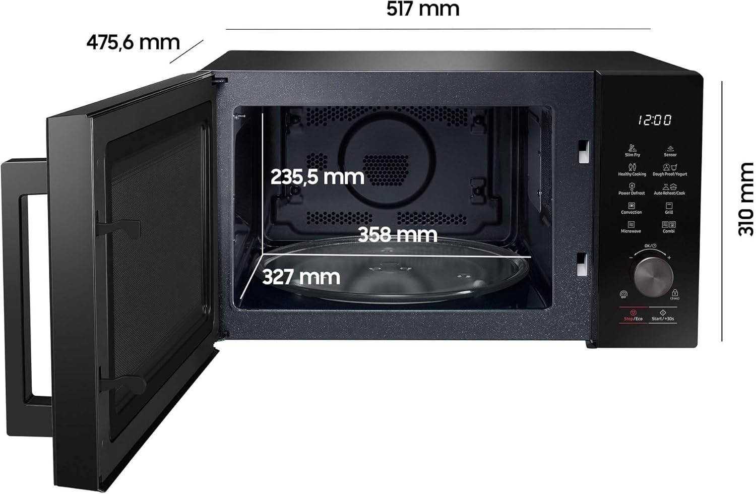 Samsung MC28A5137KK/E1 Kombi-Mikrowelle mit Grill und Heißluft, 900 W, 28 l Garraum, AirFry, Power Defrost, Kratzfester Keramik-Emaille-Inneraum, Schwarz