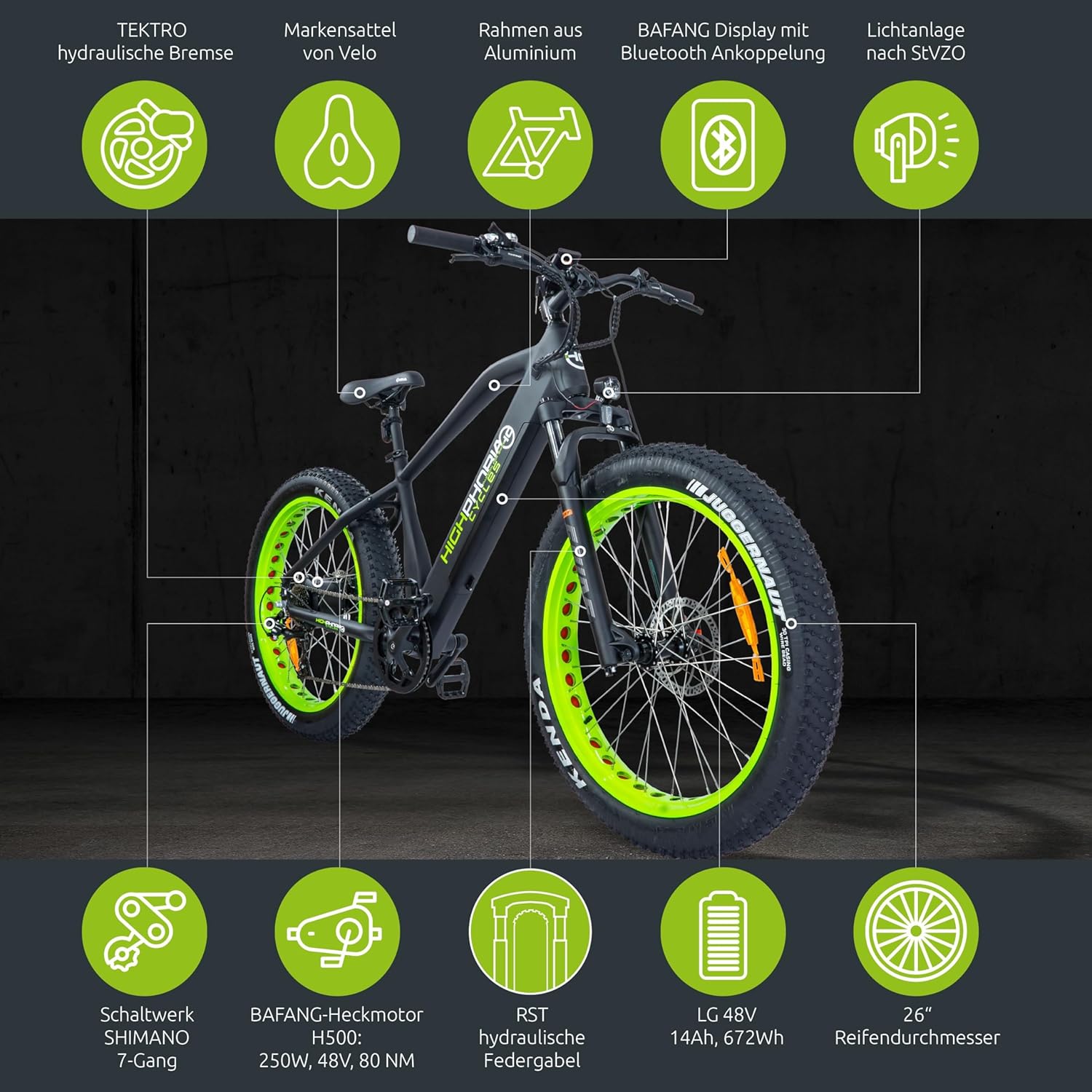 Highphoria Elektrofahrrad Erwachsene, 250W 25 km/h E-Bike mit Batterie, Starker Motor, Kettenschaltung, E-Mountainbike mit Hydraulische Federgabel Pedelec für Damen & Herren