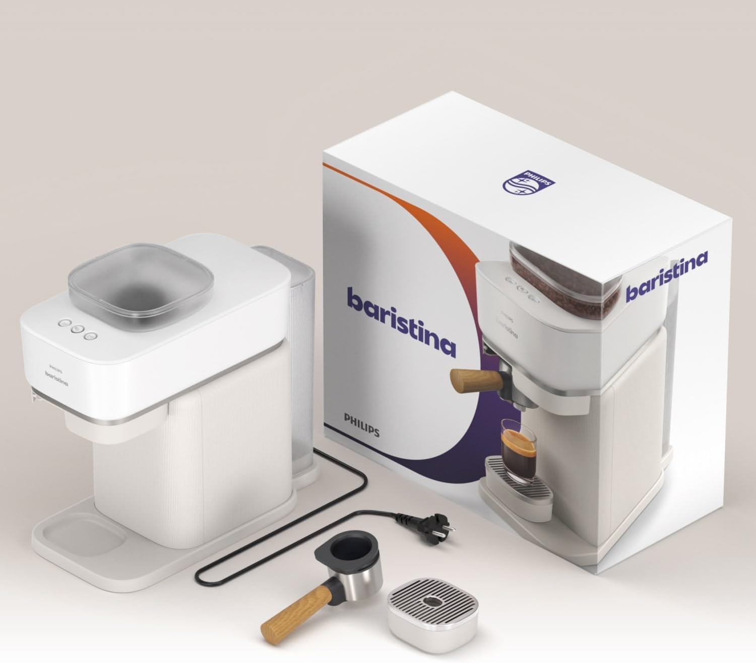 Philips Baristina Espressomaschine - Real Espresso- made simple. Kompakte Kaffeemaschine- Naturweiß mit weißem Siebträger- 16-bar-Pumpendruck- automatisches Mahlwerk- Cafe Crema (BAR300/00)