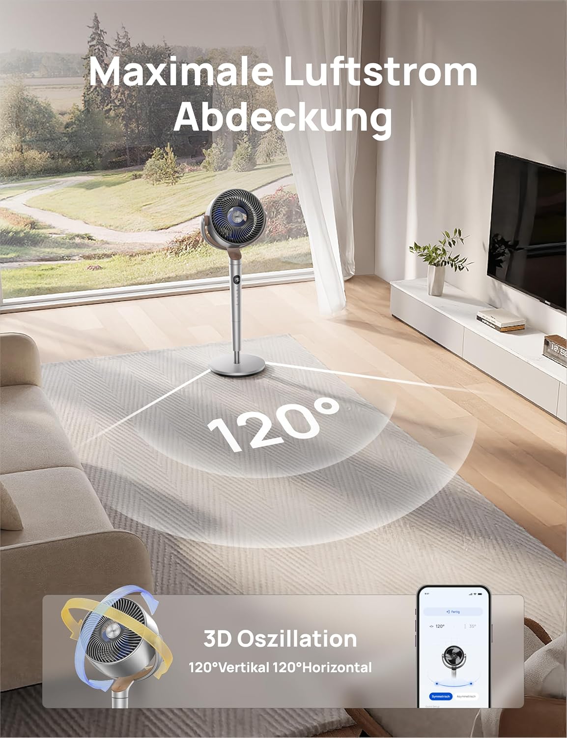 Dreo Smart Standventilator mit RGB Light, 120° +120° Oszillierender Ventilator mit Fernbedienung, 20dB Leiser Bodenventilator für Schlafzimmer, 8H Timer, Silber